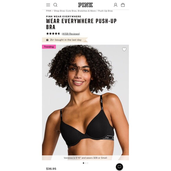 PINK Victoria's Secret Black With Logo “Wear Everywhere” Push Up Bra 34C - Picture 2 of 9